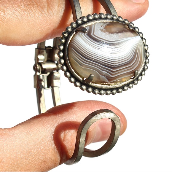 Vintage Botswana Agate Statement Cuff Bracelet Silver Tone Banded Brown Cabochon - Picture 5 of 6